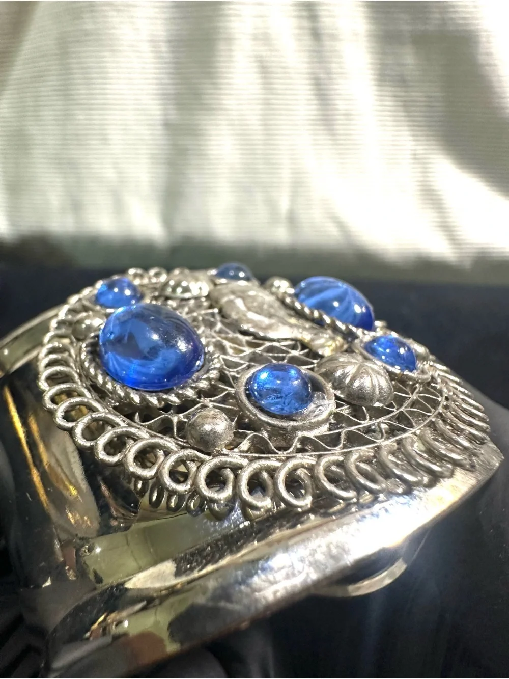Vtg: Egyptian Revival Silver Toned Nefertiti & Blue Cabochons Wrist Cuff